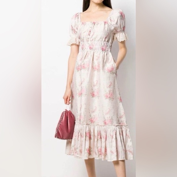 LoveShackFancy Terrence Dress 100% Silk - Pockets Ruffle Hem Puff Sleeve Eyelet - Picture 7 of 17